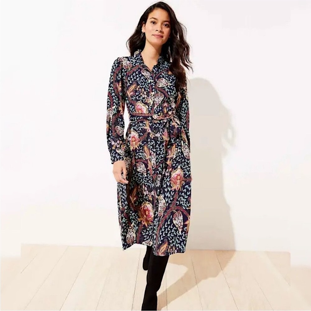 Loft NWOT Navy Blue Paisley Floral Button Front Belted Shirt Dress 12